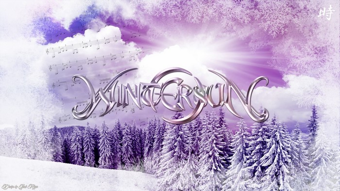 Wintersun band logo over snowy forest and music sheet
