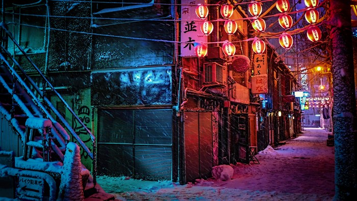 Snowy Japanese Street at Night with Lanterns