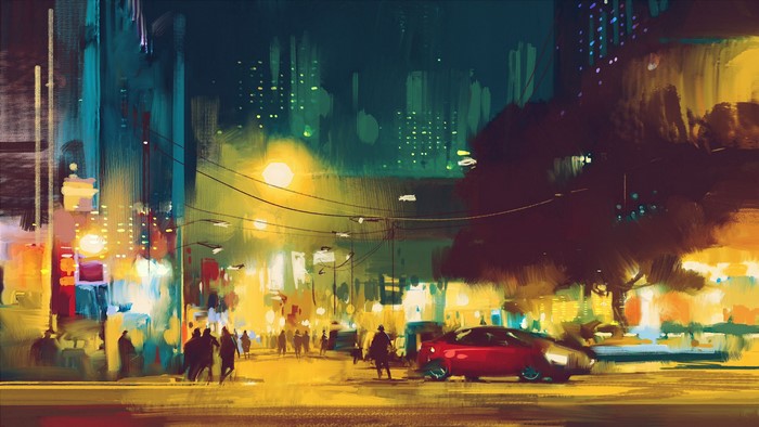 Digital art of a futuristic cityscape at night