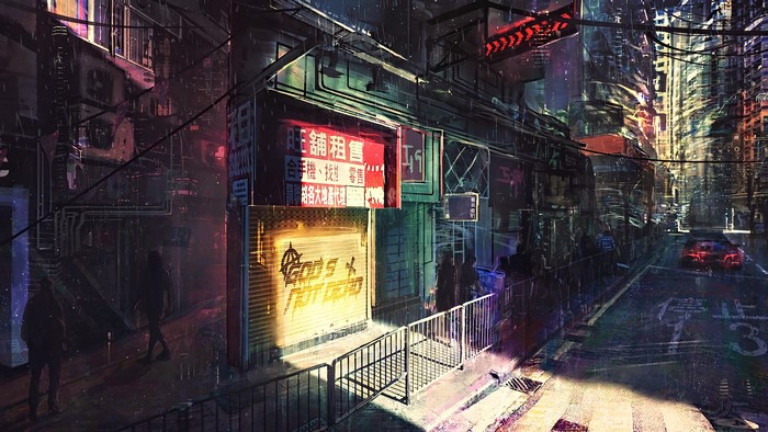 Cyberpunk Cityscape with Neon Signs and Rain