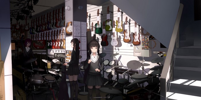Anime girls in school uniforms in a music store