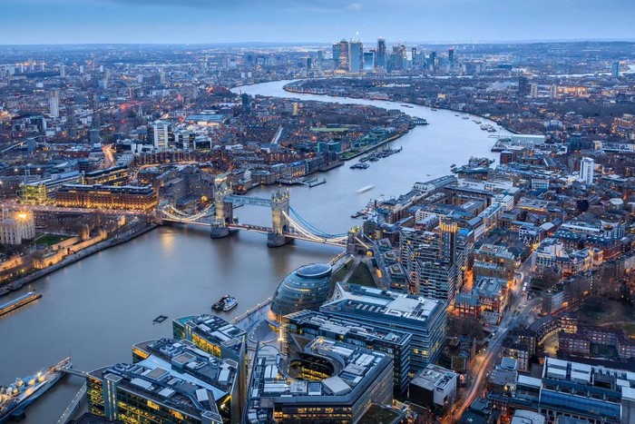 evening, city, London, birds eye view, UK, River Thames, river, Tower ...