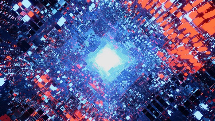 3D abstract render of digital cubes in blue and orange