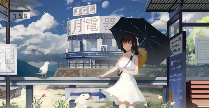 Anime girl with umbrella and dog at bus stop