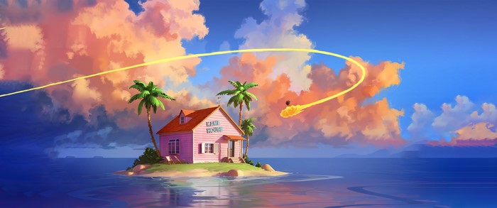 Goku flying on Nimbus cloud past Kame House