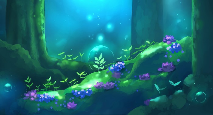 Magical forest with glowing plants and flowers