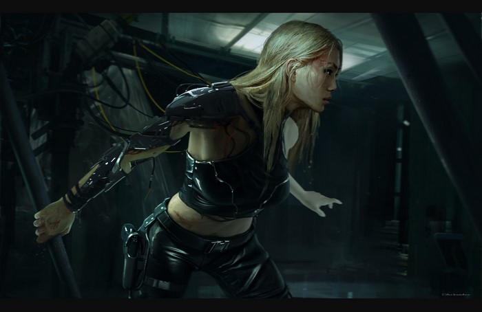 Cyberpunk woman with robotic arm by Nana Dhebuadze