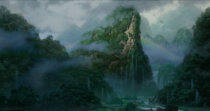 Misty mountains with waterfalls and a rainbow