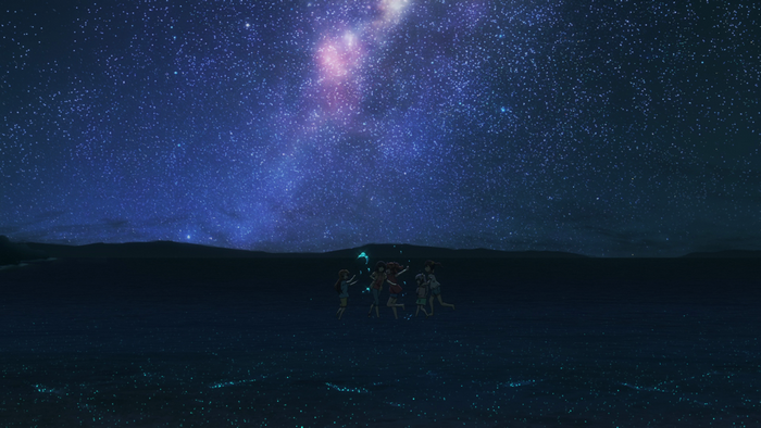 Non Non Biyori characters under a starry night sky