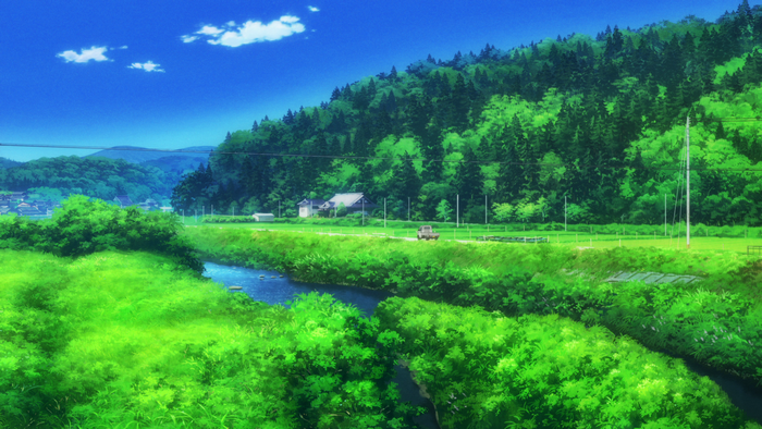 Anime landscape with a river and forest