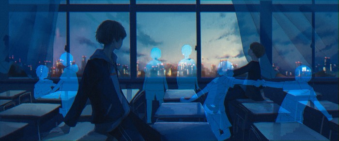 Anime boys in a classroom at dawn