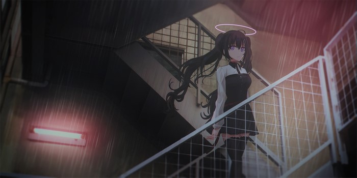 Anime girl with twintails and purple eyes on stairs in rain
