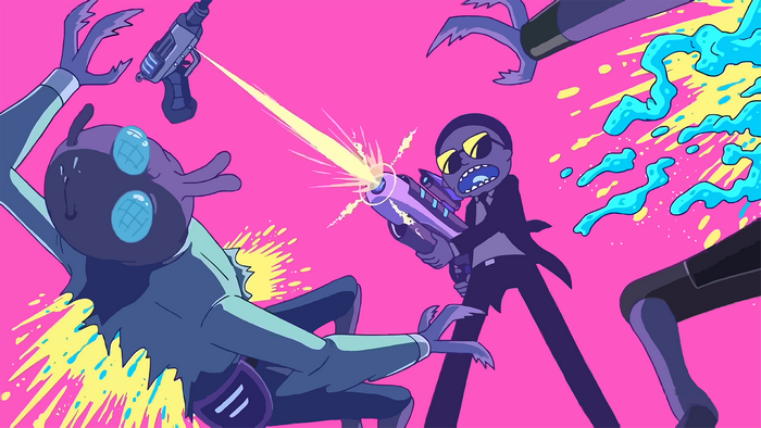 Rick and Morty characters in a shootout