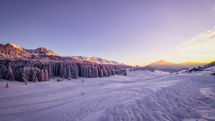 Snowy mountains and forest at sunset