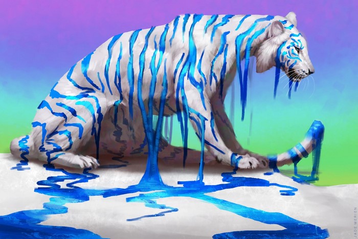 White tiger with blue paint drips by Jade Merien