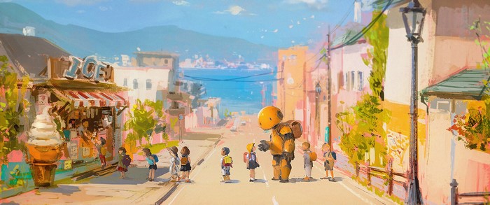 Robot and children on a street near the sea