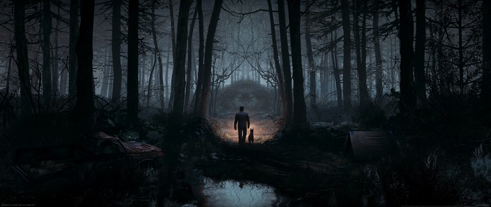 Man and dog in dark forest, Blair Witch