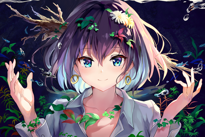 Anime girl with flowers and fish