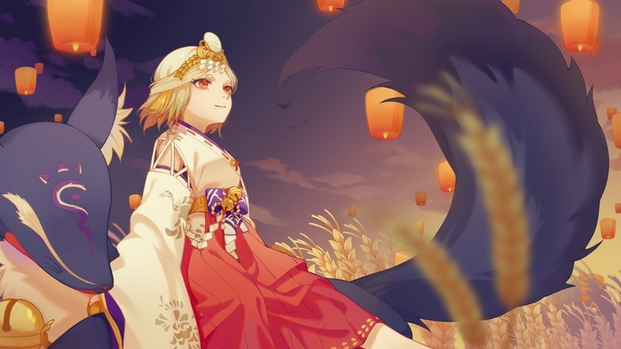 Miketsu from Onmyouji with a fox companion at night