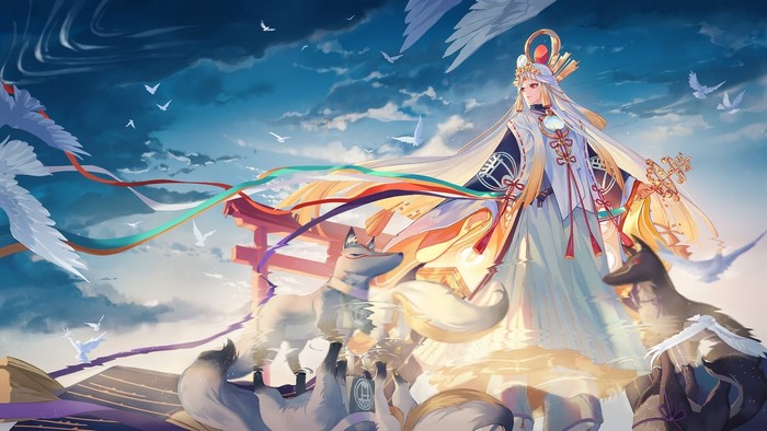 Miketsu from Onmyouji with foxes and cranes