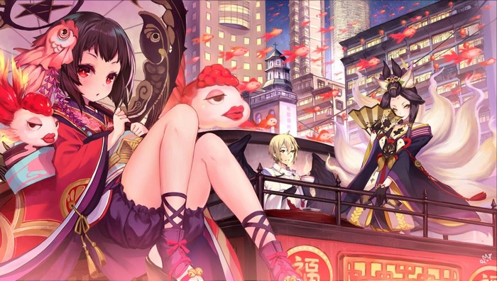 Anime girls with goldfish and kitsune in a city at night
