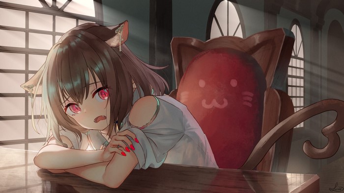 Cat girl with red eyes leaning on a table