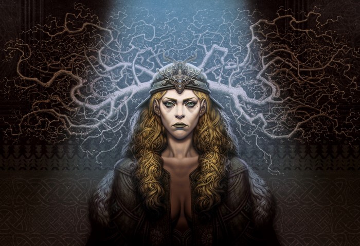 Woman with blonde hair and helmet, surrounded by branches