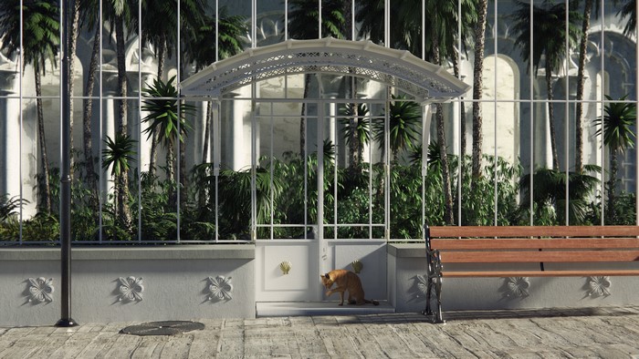 Cat grooming itself in front of a greenhouse with palm trees