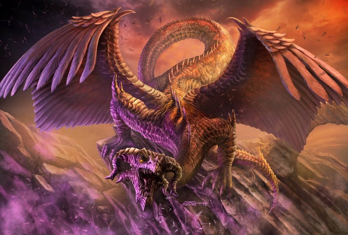 A fearsome dragon perched on rocks with purple smoke