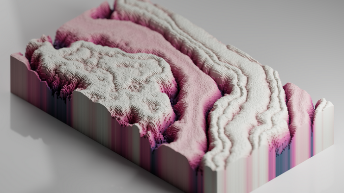 Abstract 3D landscape of cubes with pink and white colors
