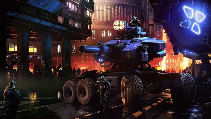 Futuristic Tank in a Cyberpunk Cityscape