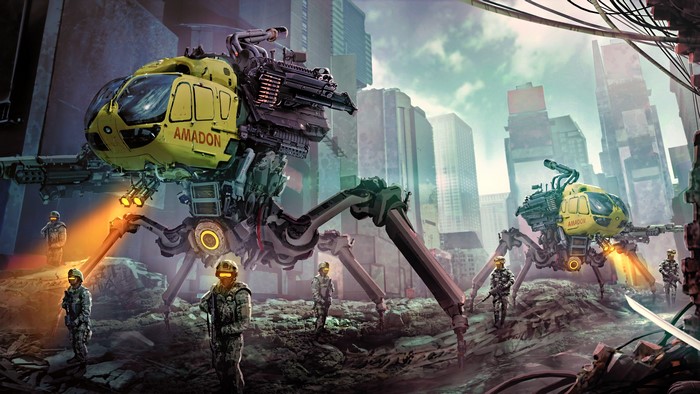 Futuristic spider robots in a cyberpunk cityscape