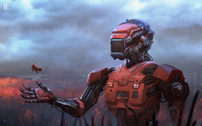 Robot and butterfly in a field, concept art
