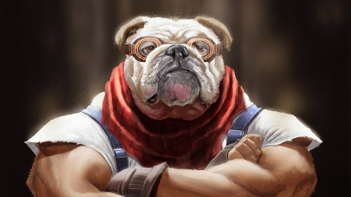 Bulldog with goggles and red scarf