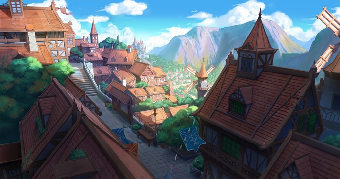 4K Medieval Village with Windmill and Mountains