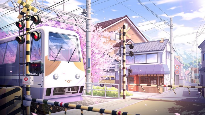 Anime train passing through a town with cherry blossoms