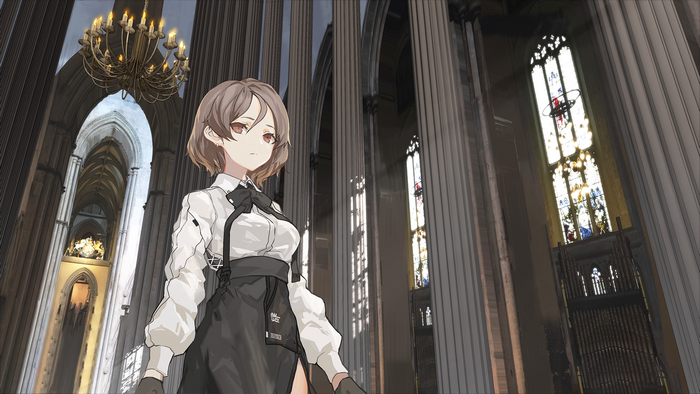 Anime girl in a church with stained glass windows