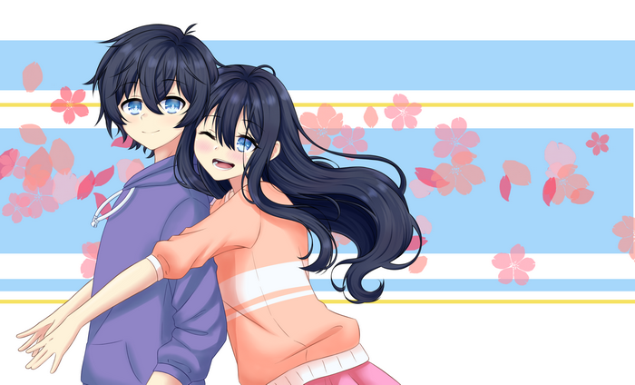 Anime couple with black hair and blue eyes