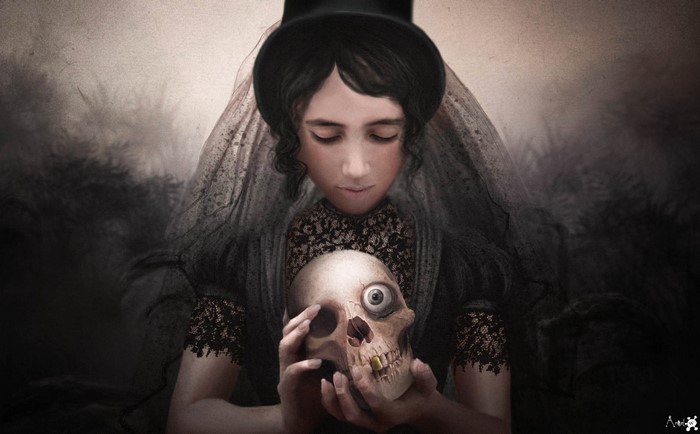 Woman in Victorian dress holding a skull