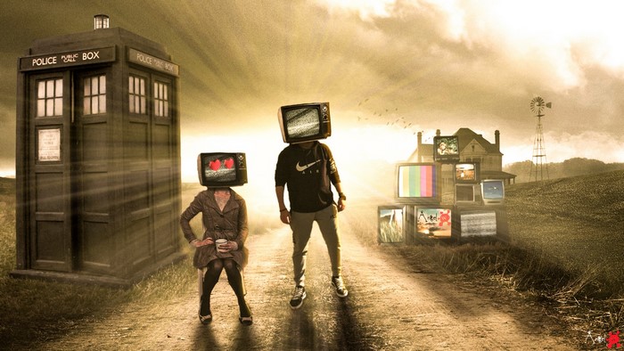 People with TVs for heads and a TARDIS