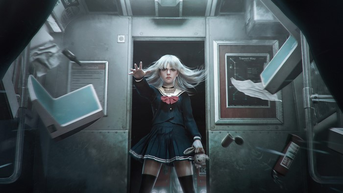 Girl in school uniform on a damaged train