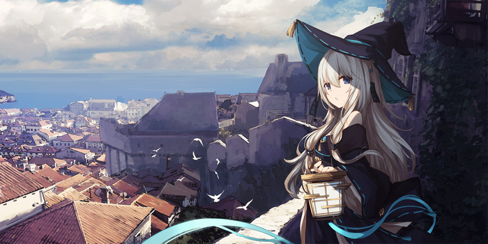Anime girl with silver hair and witch hat in a city