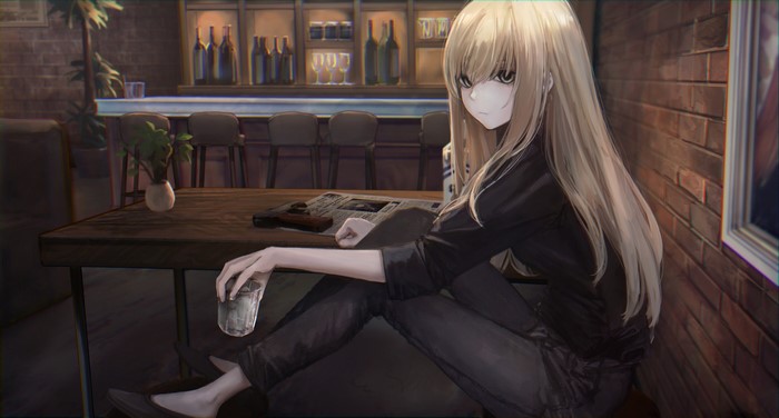 Anime girl with blonde hair and gun at a bar