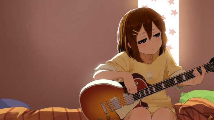 Yui Hirasawa from K-ON! playing guitar in a bedroom