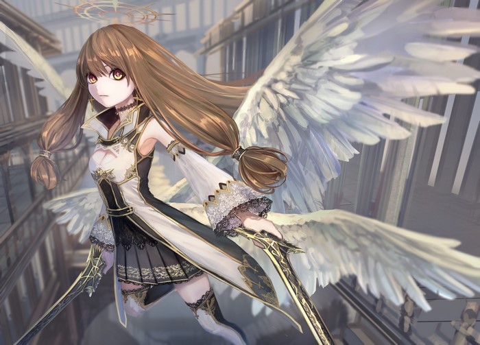 Angel warrior with swords and wings