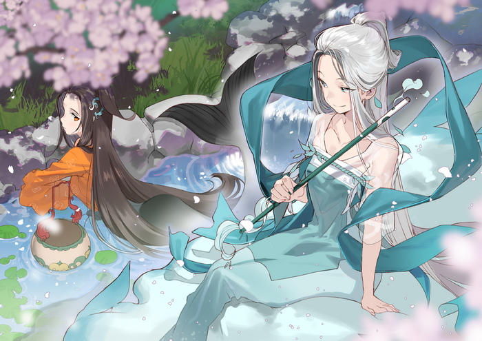Two anime girls by a river with cherry blossoms