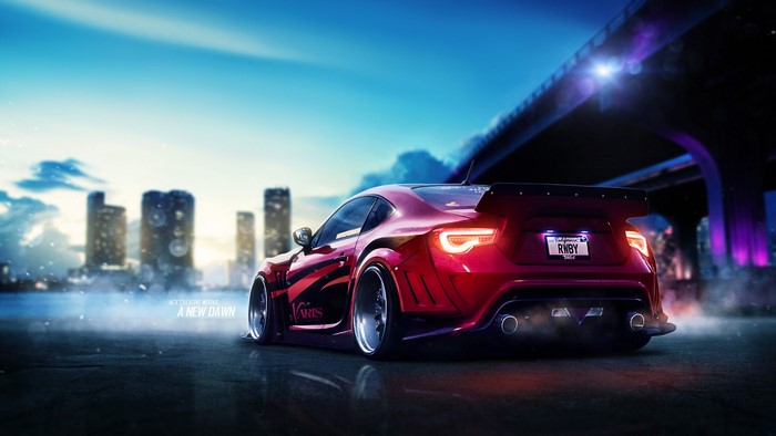 Red Subaru BRZ with RWBY license plate under a bridge