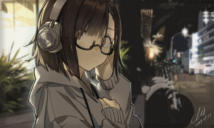 Anime girl with headphones and glasses at night