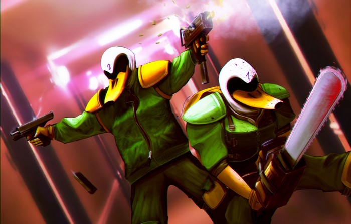 Two characters from Hotline Miami with guns and chainsaw