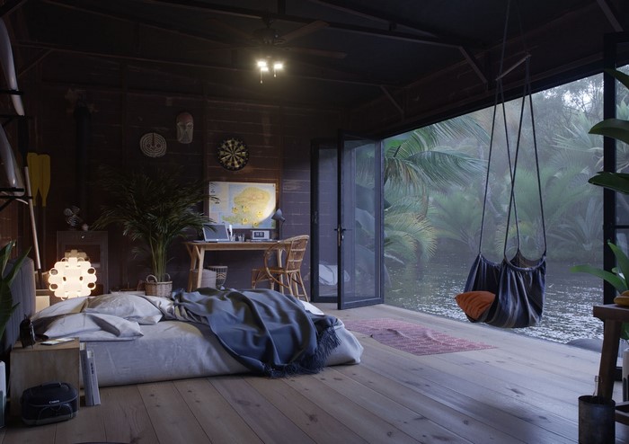 Bedroom with a view of a tropical jungle